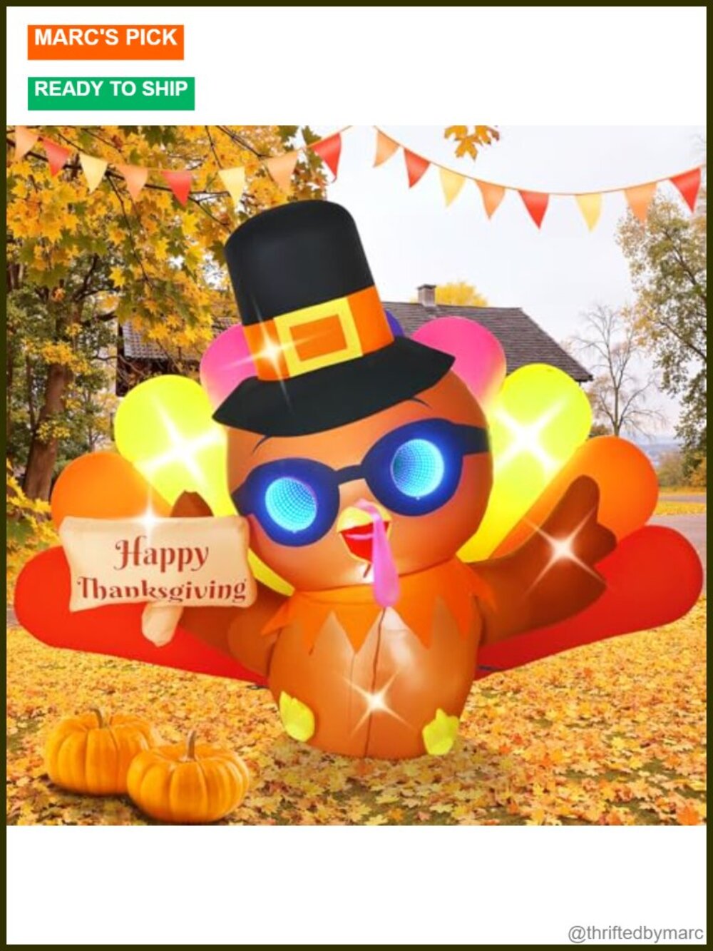 6FT Thanksgiving Inflatable Turkey 3D Color-Changing Tunnel Light Yard Decor
